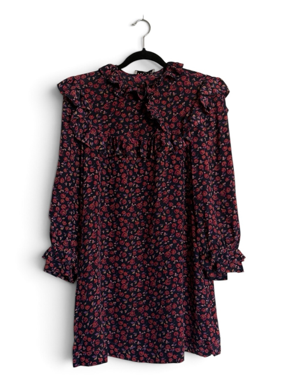 SANDRO PARIS Printed 100% Silk Ruffled Mini Dress Navy Floral 2 (S/M)